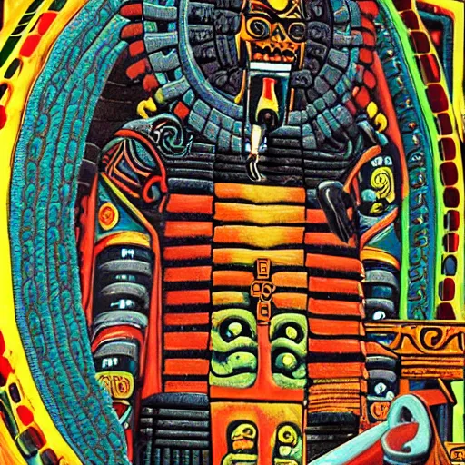 Prompt: a realistic photography of the Aztec god Tezcatlipoca looking at a mirror made of obsidian
