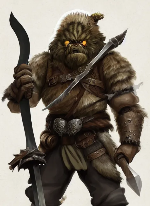 Image similar to strong young man, photorealistic bugbear ranger holding aflaming sword, black beard, dungeons and dragons, pathfinder, roleplaying game art, hunters gear, jeweled ornate leather and steel armour, concept art, character design on white background, by studio ghibli, makoto shinkai, kim jung giu, poster art, game art