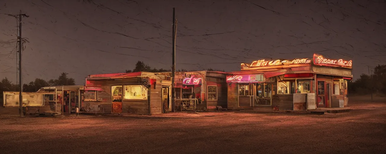 Prompt: An old roadside diner at the end of an extremely long and dusty road in the middle of nowhere at night, film grain, large format photograph, 8x10 aspect ratio, vibrant colors, by Stephen King, misty, moody, sinister, cinematic lighting, cinematic color grading, 8k render, hyperrealistic, ultra HD, Unreal Engine 5 render