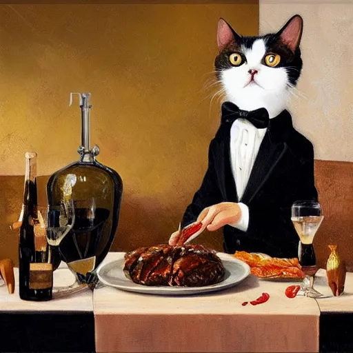 Prompt: a gentleman cat in a suit is eating in a very expensive restaurant, oil painting without frame, classical painting, high definition, digital art, matte painting, very detailed