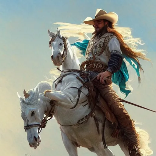 Prompt: a Rugged cowboy riding a white horse, D&D, fantasy, intricate, elegant, highly detailed, digital painting, artstation, concept art, smooth, sharp focus, illustration, art by artgerm and greg rutkowski and alphonse mucha