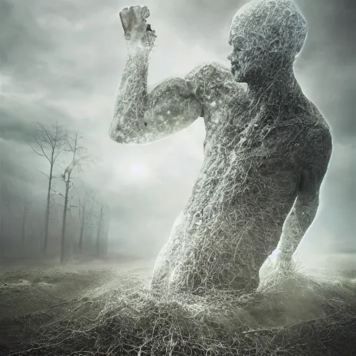 Image similar to Editorial Masterpiece extremely realistic Legendary elemental High Orders Nephilim Virtues figure infused with coalesced crystalline fire by Erik Johansson, perfect light