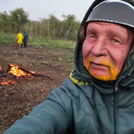 Image similar to selfie of the last surviving ukrainian with children with evil faces, all in helmets with weapons, wild pain and damage to the body burns alive to the bone, painted in dirty yellow - blue colors, a huge nuclear explosion is approaching in the background, a very detailed photo