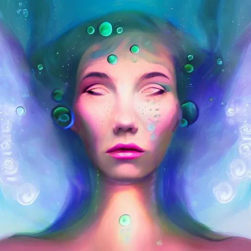 Image similar to face portrait of a woman underwater inspired by lois van baarle, iridescent, bubbles, seaweed