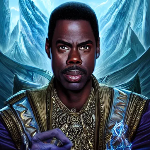 Image similar to chris rock as teferi, in the style of magic the gathering, glacier landscape, d & d, fantasy, intricate, elegant, highly detailed, digital painting, artstation, concept art, matte, sharp focus, illustration, art by artgerm and greg rutkowski and alphonse mucha