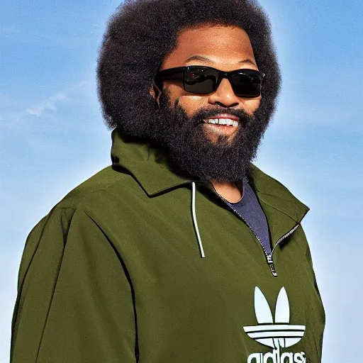 Image similar to photograph of a gigantic black man with afro hair and beard stubble wearing an adidas army green jacket, looming over dublin