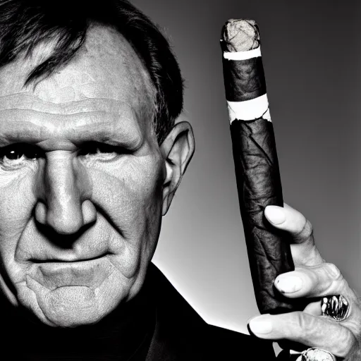 Image similar to a glamorous black and white portrait of ed o'neill with a cigar, artistic, heroic, amazing, in the style of helmut newton