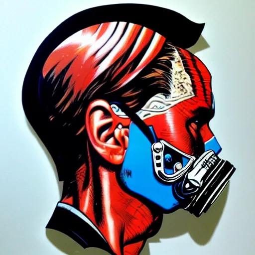 Image similar to a profile photo of a devil with a diving oxygen mask with side profile blood in ocean intricate details by MARVEL comics and Sandra Chevrier-C