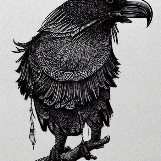 Image similar to mystical raven, black ink on paper, trending on artstation, beautiful, intricate, detailed