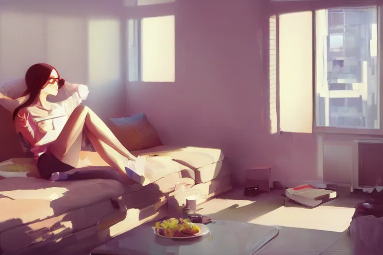 Image similar to A ultradetailed beautiful portrait panting of a stylish girl sitting in a messy modern apartment, bright sunny day, Oil painting, by Ilya Kuvshinov, Greg Rutkowski and Makoto Shinkai