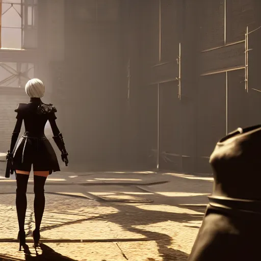 Image similar to Film still of 2B nier automata, from Red Dead Redemption 2 (2018 video game), trending on artstation, artstationHD, artstationHQ