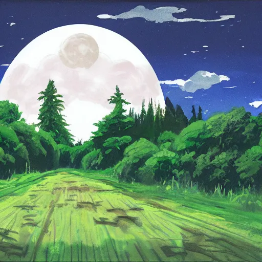 Prompt: empty village runway panorama in the woods with dramatic sky and giant moon, painting by pixar disney ghibli gouache painting