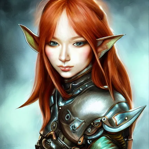 Image similar to portrait of a female elf orc by ayami kojima, she is about 2 0 years old, american pretty, copper hair, annoying but friendly, she is wearing a modern tactical gear, scifi, highly detailed portrait, digital painting, artstation, concept art, smooth, sharp foccus ilustration, artstation hq