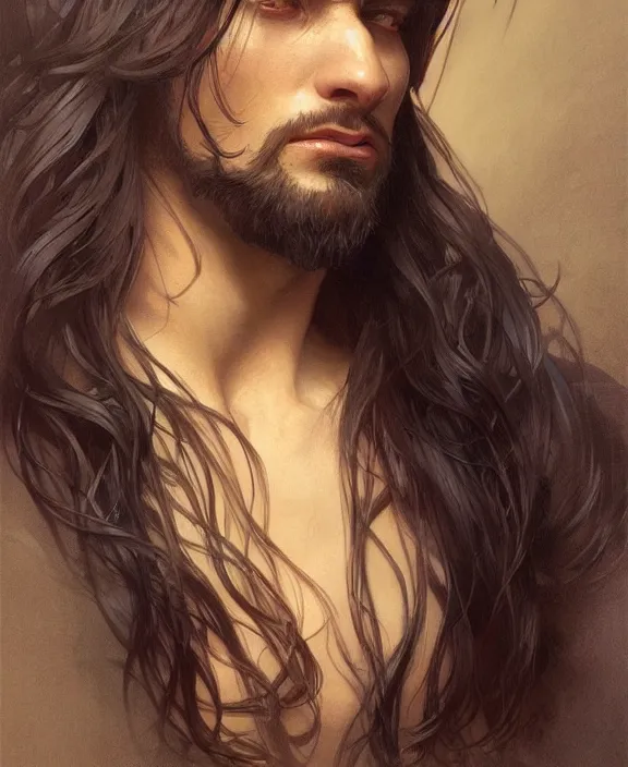 Image similar to portrait close up of guy, concentrated look, symmetry, long hair. d & d, fantasy, intricate, elegant, highly detailed, digital painting, artstation, concept art, art by artgerm and greg rutkowski and alphonse mucha, boris vallejo