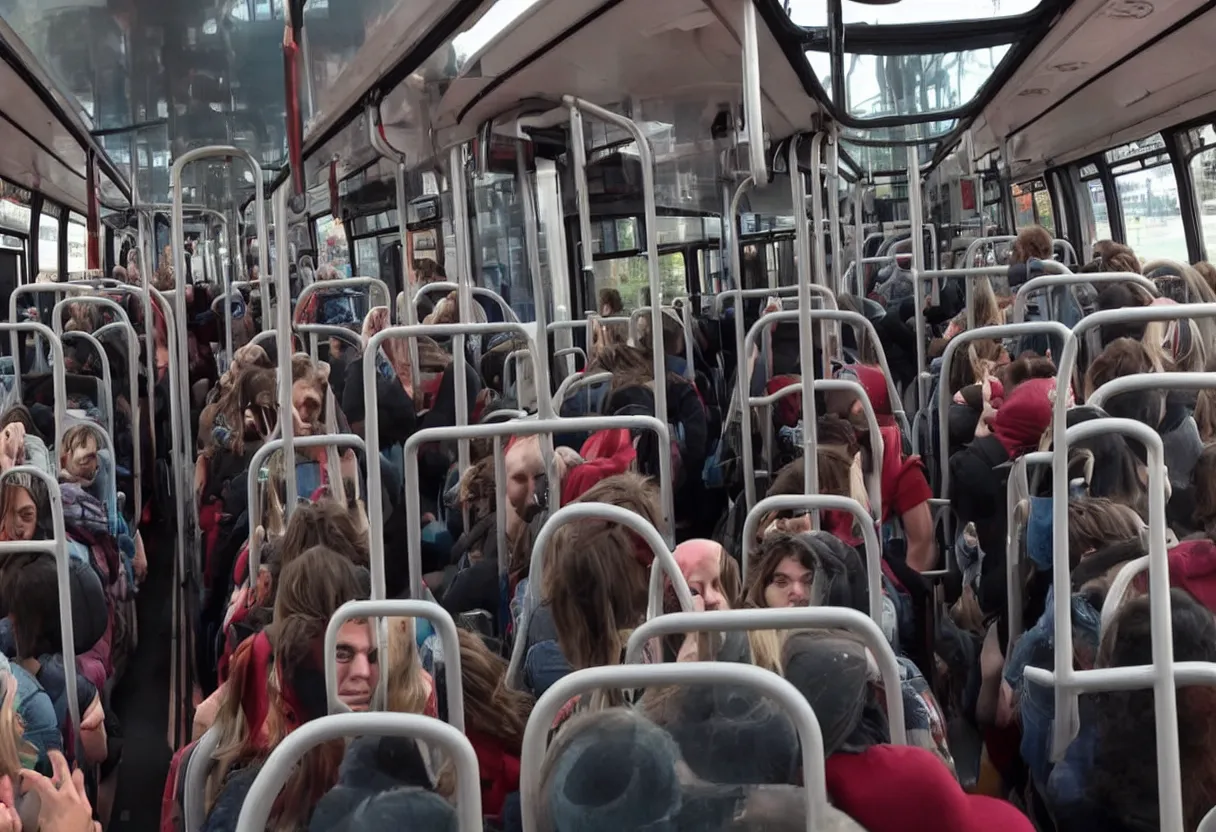 Image similar to a wide photo of a interior of a crowded bus with a huge octopus trying to get in, octopus beak can be seen, arms creeping in thrugh the windows, people are scared and screaming while trying to free through the windows and doors,