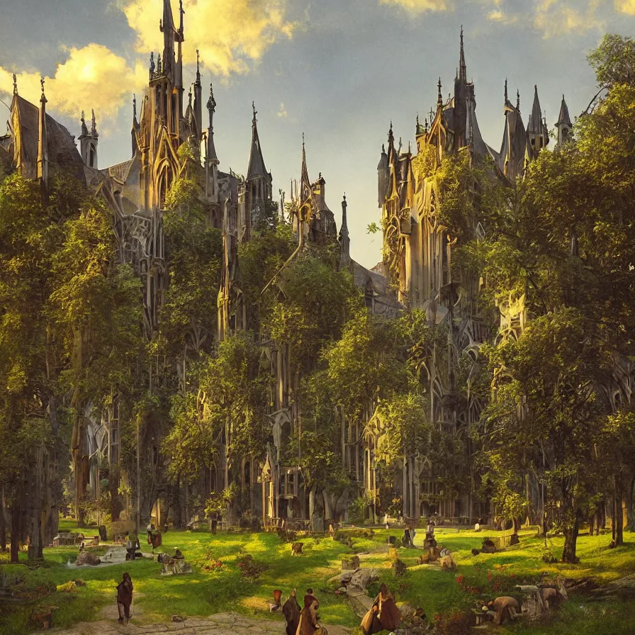 Image similar to a tudor style village in the shadows of an enormous Gothic Revival architecture castle in a lovely meadow at dusk, art nouveau matte painting, highly detailed