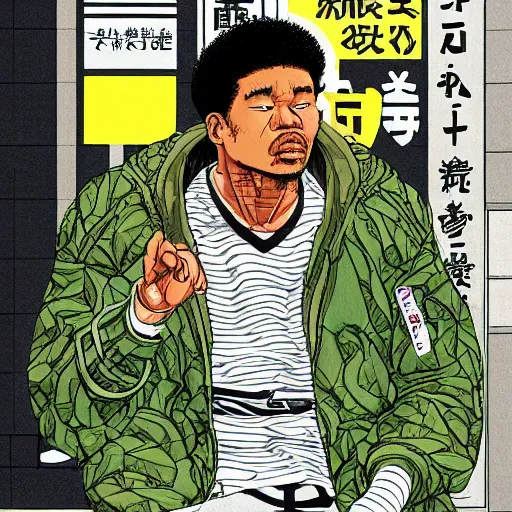 Image similar to illustration by katsuhiro otomo, black man with afro hair, stubble, wearing an adidas army green jacket, in the streets of tokyo, akira style, by katsuhiro otomo