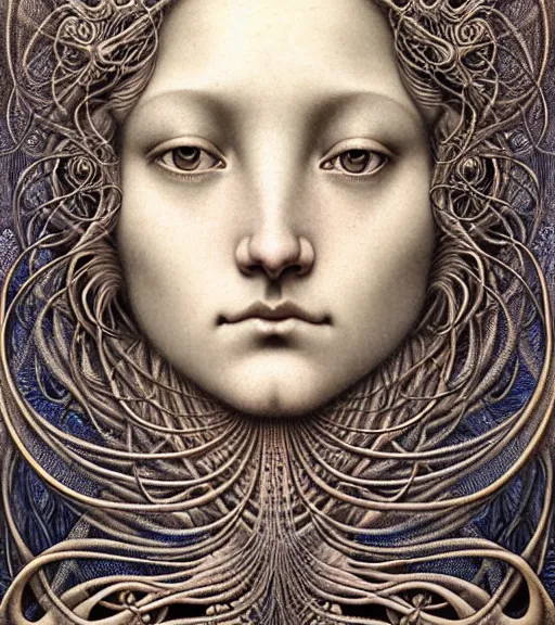 Image similar to detailed realistic beautiful moon goddess face portrait by jean delville, gustave dore, iris van herpen and marco mazzoni, art forms of nature by ernst haeckel, art nouveau, symbolist, visionary, gothic, neo - gothic, pre - raphaelite, fractal lace, intricate alien botanicals, ai biodiversity, surreality, hyperdetailed ultrasharp octane render