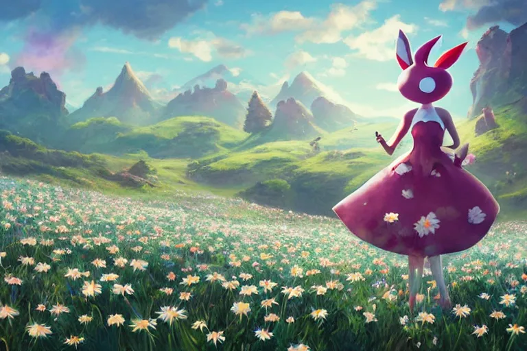 Prompt: ( lo w poly ) playstation 1 9 9 9 running ( ( anthropomorphic ) ) ( ( lurantis ) ) maid wearing a hat standing in a ( field of daisies ), mount coronet in the distance digital illustration by ruan jia on artstation