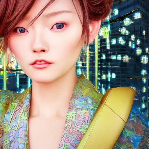 Prompt: centered portrait of a slight happy cyberpunk 3D beautiful Japanese girl in kimono, hyperdetailed eyes, soulful eyes, beautiful eyes, soulful irises, digital painting, trending on Artstation, cel-shading style, CG society, hyperdetailed, digital painting, hypermaximalist, golden ratio, volumetric, octane render, weta digital, micro details, 3d sculpture