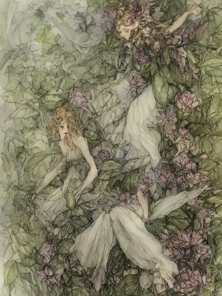 Image similar to annotated study of a flower fairy, illustration, watercolor, alan lee, detailed, pretty, ethereal,