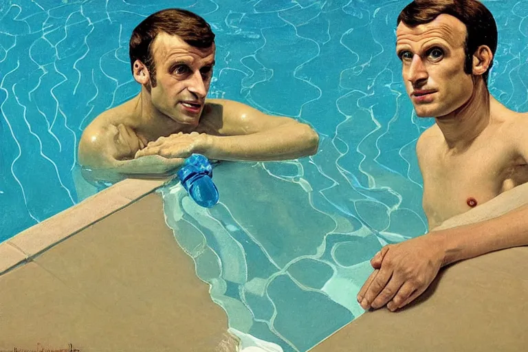 Prompt: emmanuel macron underwater swimming in a pool in california house, wearing small speedo, water is shimmering, by david hockney, peter doig, lucien freud, francis bacon, bouguereau, norman rockwell, pop surrealism