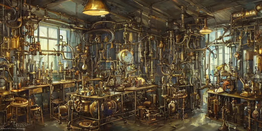 Prompt: Steampunk laboratory By Konstantin Razumov, highly detailded