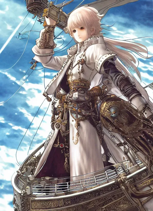 Image similar to character portrait of the white herald on the deck of an imperial airship in the sky, hidari, color page, tankoban, 4K, tone mapping, Akihiko Yoshida.