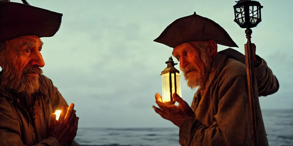 Image similar to film still of closeup old man holding up lantern by his beach hut at night. pirate ship in the ocean by emmanuel lubezki