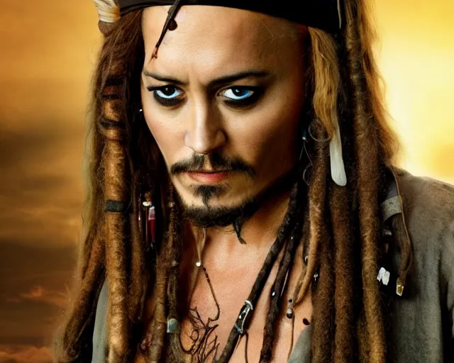 Prompt: a beautiful blend of amber heard and captain jack sparrow, hyper realistic face, beautiful eyes, cinematic, long shot, hyper detailed, 8 5 mm photograph, 8 k resolution, film still, sharp lens, wide lens