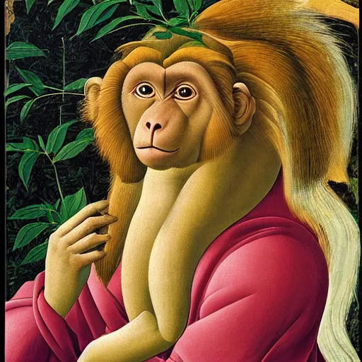 Image similar to a philosopher monkey pondering!!!!!!!!! intensely, portrait, by sandro botticelli