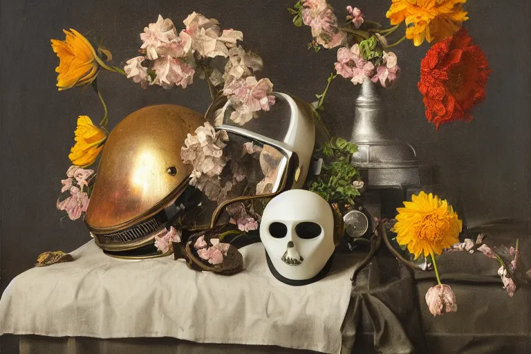 Prompt: still life with astronaut helmet and flowers in the style of the dutch masters