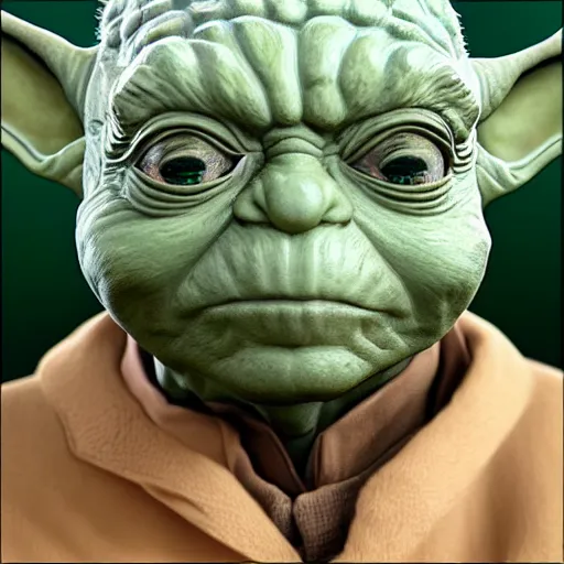 Image similar to Intricate five star Yoda facial portrait, Skin texture, hyperrealism, high detail, matte finish, high contrast, 3d depth, masterpiece, vivid colors, artstationhd