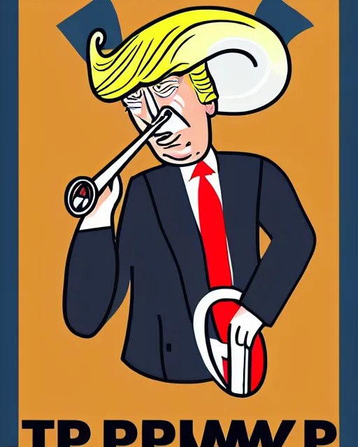 Prompt: painting portrait of trump as a trumpet, cartoon, warm lighting, trump has an trumpet, movie poster, illustration by bartek fedyczak, erak note, tooth wu, neil richards, kan liu, siwoo kim, jisu choe, trending on art station