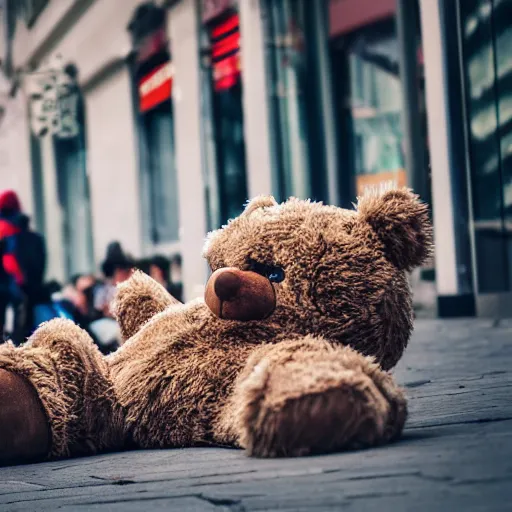 Image similar to dirty teddy bear lying on a busy street as people are walking by, highly detailed, sharp focus, depth of field, street photography, busy city, steam