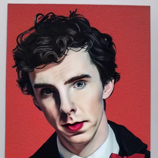 Prompt: portrait of a hybrid of benedict cumberbatch and freddie highmore and timothee chalamet in black shirt with red suspenders, photo realistic, highly detailed, perfect face, art by alexander trufanov