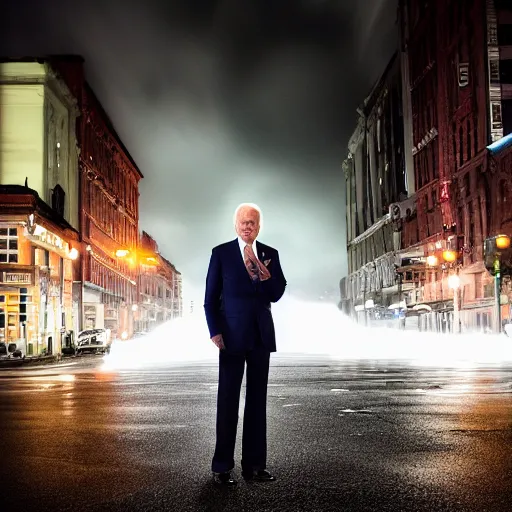 Image similar to joe biden standing in a city street in the middle of a stormy night, award winning long exposure photography