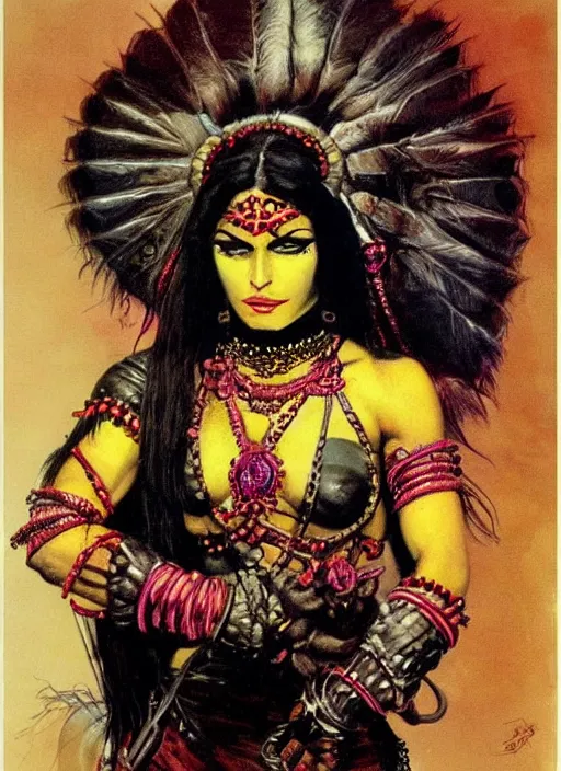 Prompt: portrait of muscular indian vampiress, jeweled veil, strong line, saturated color, beautiful! coherent! by frank frazetta, high contrast, minimalism