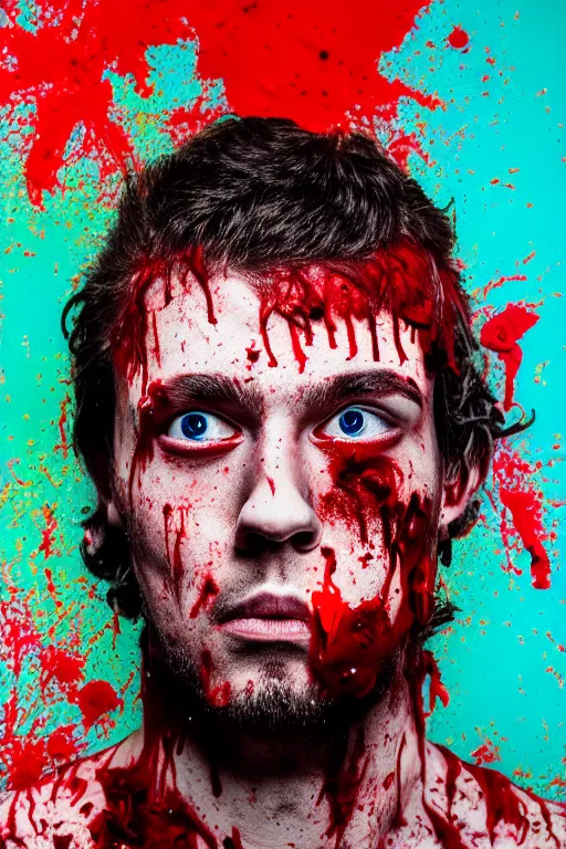 Image similar to guy covered with blood in his face - aesthetic, 4 k, comical, acrylic paint style, pencil style, torn cosmo magazine style, pop art style, ultrarealism, by mike swiderek, jorge lacera, ben lo, tyler west