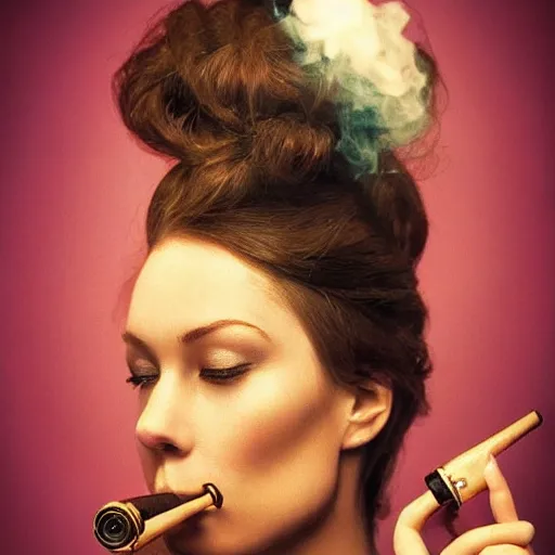 Prompt: the most beautiful woman in the world smoking a pipe. sharp colour photograph. soft lighting. depth of field. trending on artstation.