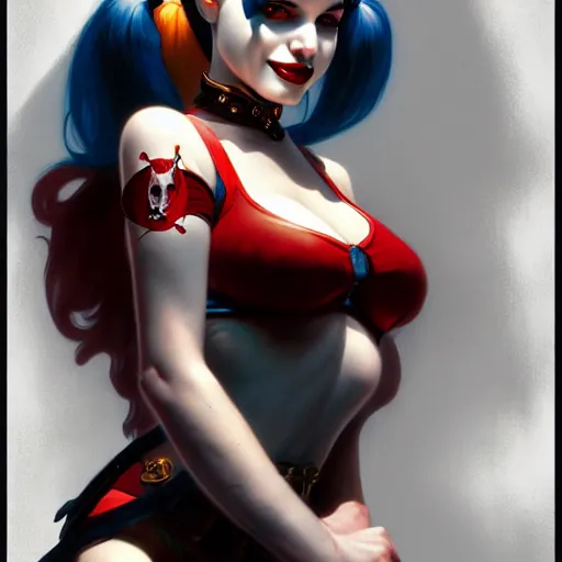 Prompt: of Harley Quinn, dark fantasy, medium shot, intricate, ornate, elegant, highly detailed, digital painting, volumetric light, artstation, concept art, smooth, sharp focus, illustration, art by Gil Elvgren and Charlie Bowater and Greg Rutkowski and Alphonse Mucha