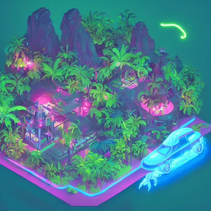 Image similar to a bioluminescent neon tropical cottage by paolo eleuteri serpieri and tomer hanuka and chesley bonestell and daniel merriam and tomokazu matsuyama, unreal engine, high resolution render, featured on artstation, octane, 8 k, highly intricate details, vivid colors, vector illustration