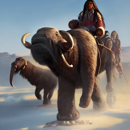 Image similar to painting of native americans riding mammoths, artstation, ultra detailed