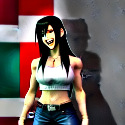 Image similar to Tifa Lockhart from Final Fantasy VII Remake (2020) laughing with the Italian flag in the background