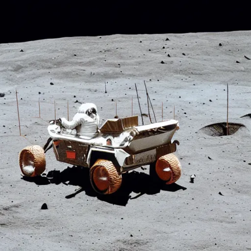 Prompt: photo of astronaut driving a convertible car on the moon, 3 5 mm, full - hd