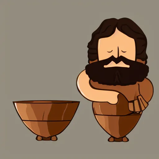 Prompt: wooden bowl, bearded man, woodlathe, vector art, simple