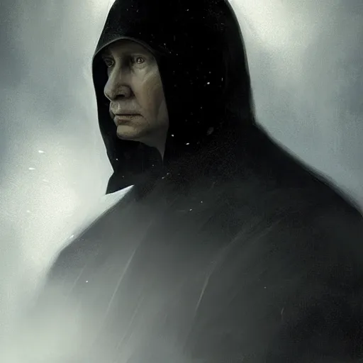 Image similar to portrait of Putin in a black cloak, glowing eyes, detailed face, highly detailed, cinematic lighting, digital art painting by greg rutkowski.