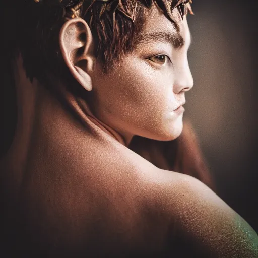 Prompt: a close-up studio photography portrait of fantasy faun, dramatic backlighting