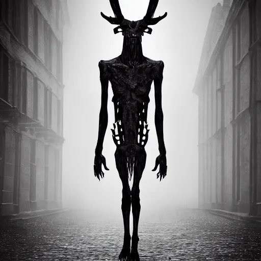 Image similar to ominous spooky wendigo walking through the center of old london city, oil painting, gloomy misty atmosphere, symmetrical, full body image, highly ornate intricate details, very sharp photo,