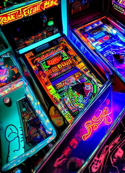 Prompt: pinball machine with a cyberpunk theme, neon colored, bright lights, high quality reflections, intricate, detailed, 8 k